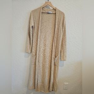 Free People Long Open Front Cardigan in Beige